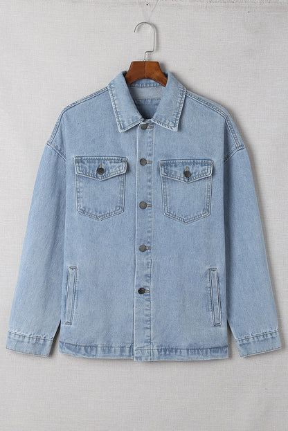 Acid Wash Flap Pocket Boyfriend Shacket | Sky Blue