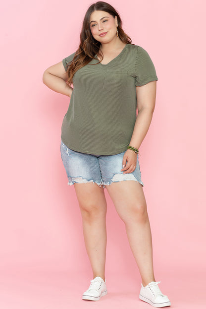 Plus Size Corded V Neck Patch Pocket Tee | Meadow Mist Green