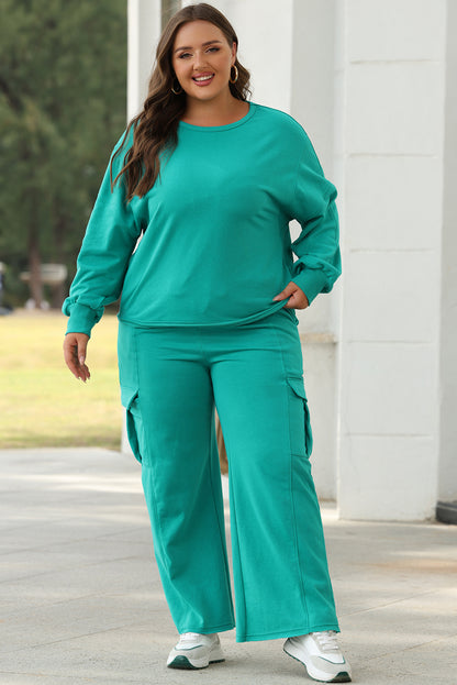 Solid Colour Pullover Top And Cargo Pants Set | Lapis