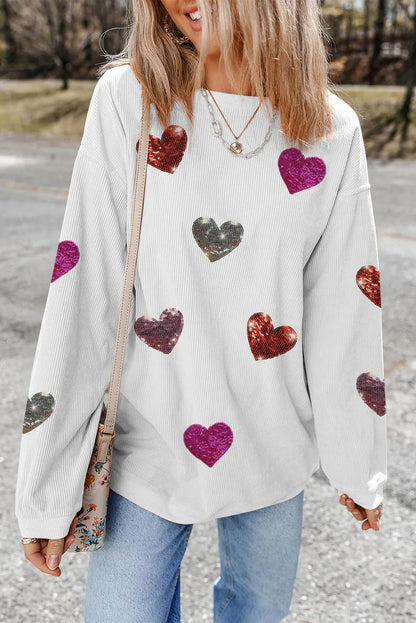 Valentines Heart Patched Pattern Corded Pullover Sweatshirt | White