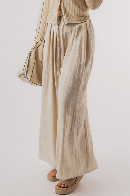 Drawstring Waist Pleated Wide Leg Casual Pants | Beige