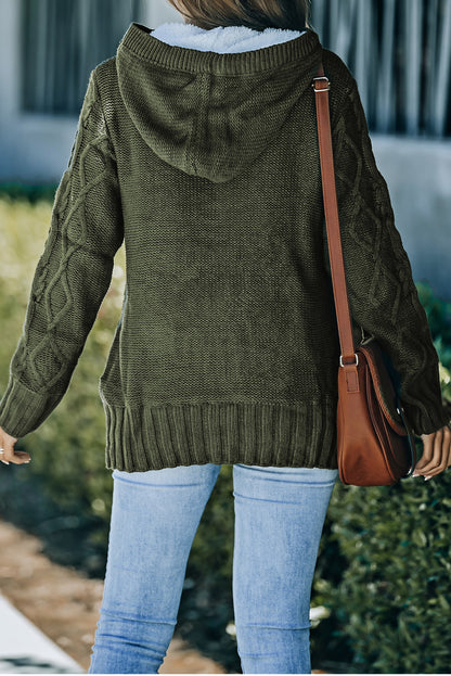 Army  Fur Hood Horn Button Sweater Cardigan | Green