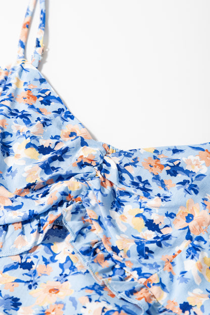 Floral Print Ruffled Ruched Maxi Dress | Sky Blue