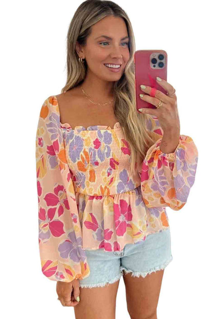 Floral Print Smocked Long Sleeve Peplum Blouse | Pink