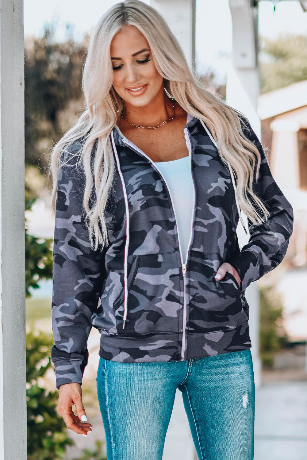 Camo Print Zip-Up Hooded Coat With Pockets | Black