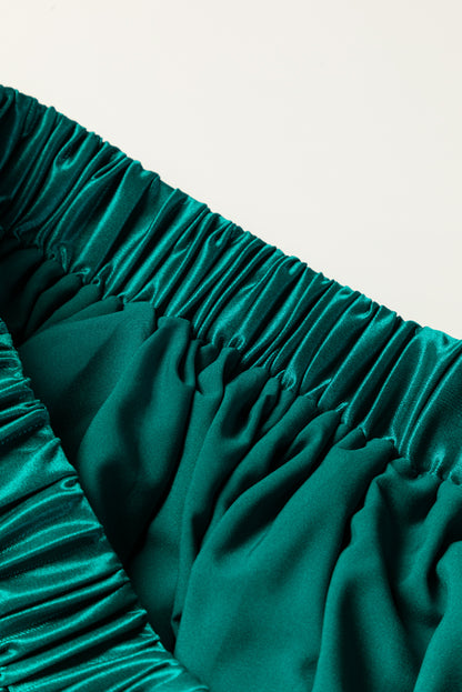 Satin Elastic Waist Pleated Maxi Skirt | Blackish Green