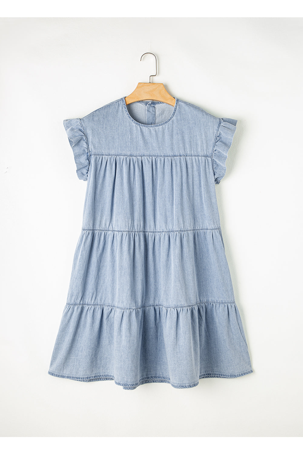 Ruffle Short Sleeve Tiered A-Line Denim Dress | Beau Blue