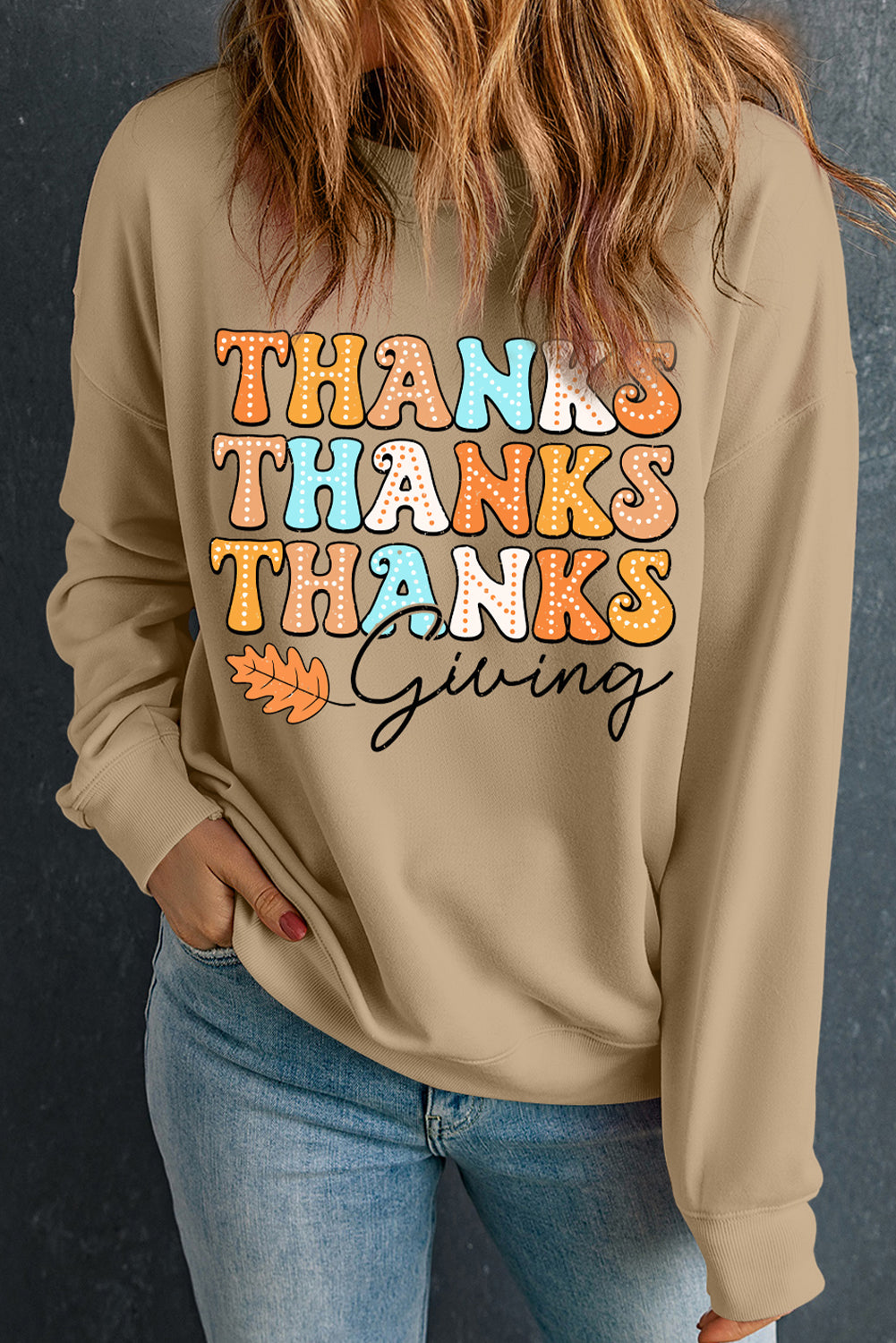 Thanks Giving Leaves Printed Drop Shoulder Sweatshirt | Khaki