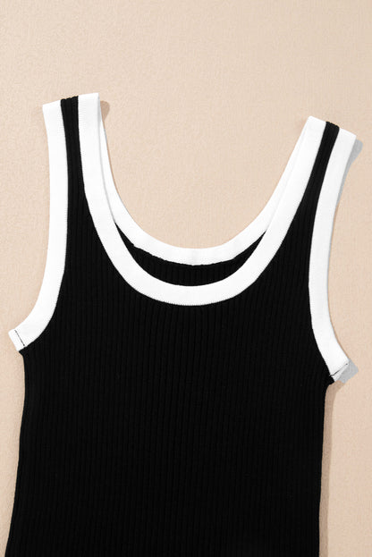 Colourblock Edge Ribbed Knit U Neck Tank Top | Black