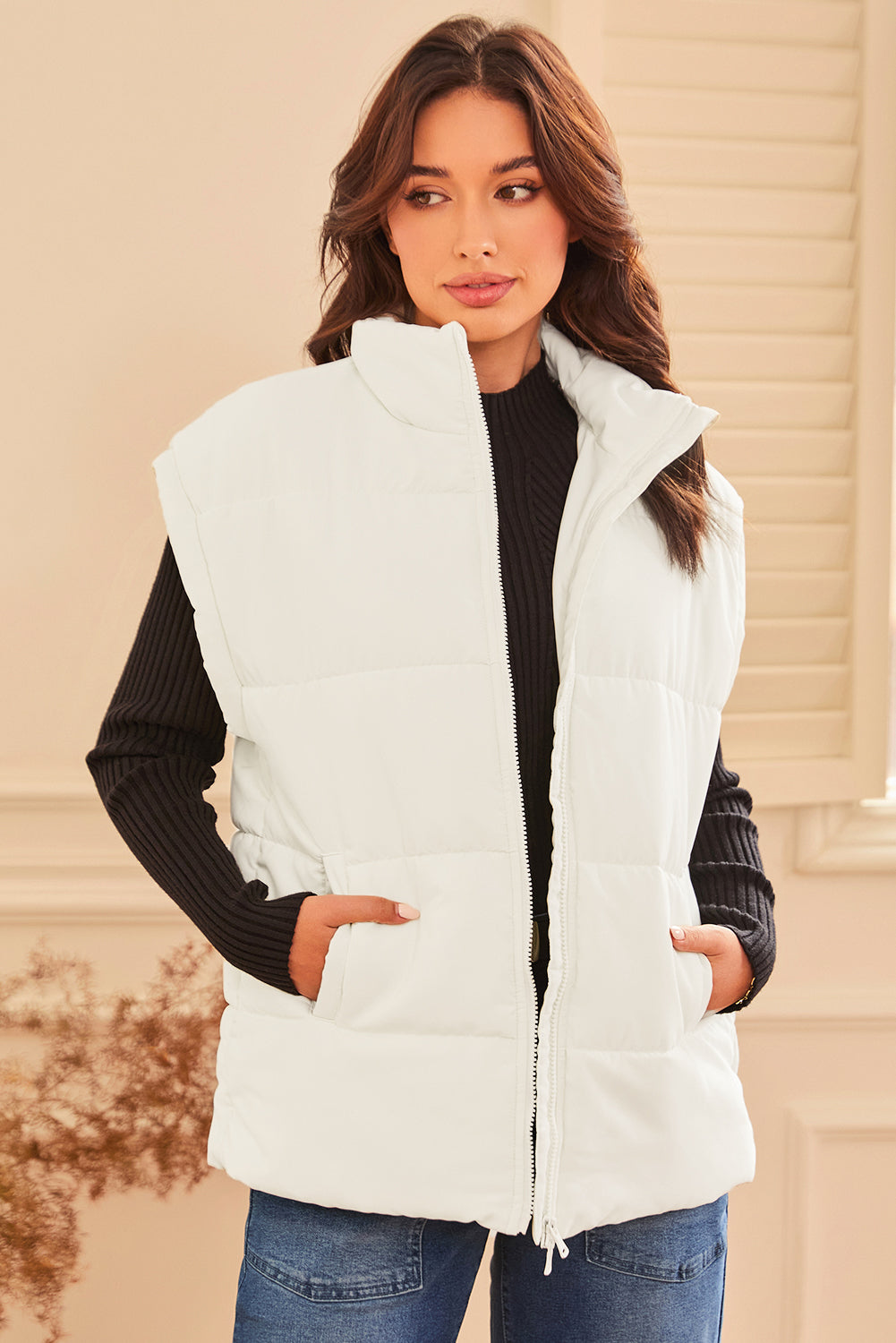 Zipper Stand Neck Oversized Puffer Vest | Beige