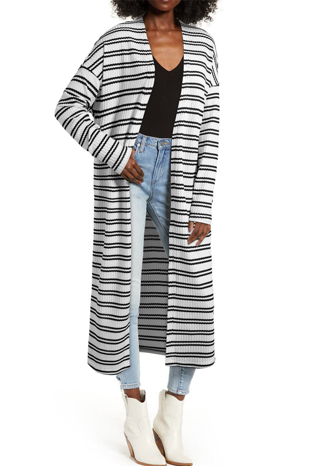 Print Open Front Duster Cardigan | Black Stripe