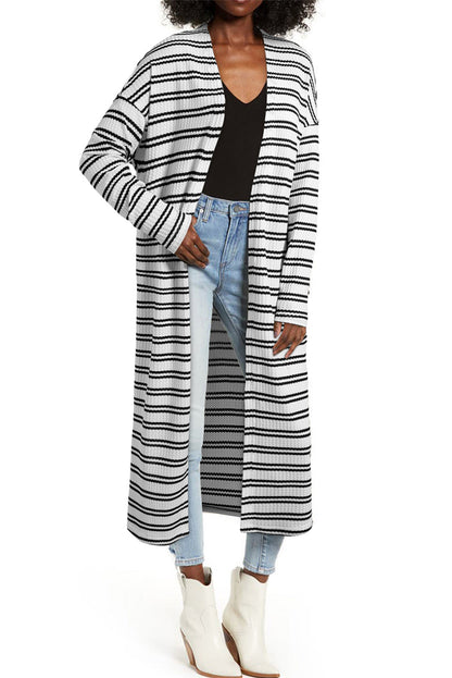 Print Open Front Duster Cardigan | Black Stripe