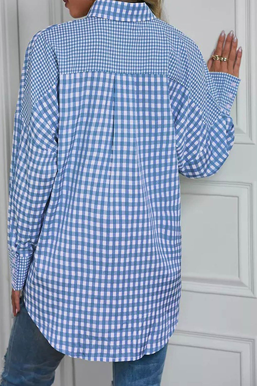 Plaid Patchwork Button Up Long Sleeve Shirt | Sky Blue Stripe