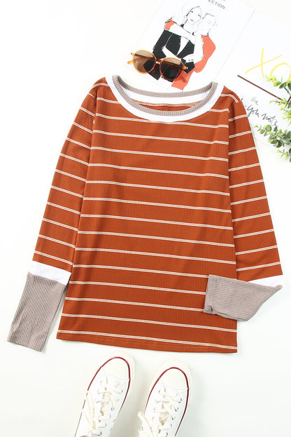 Extend Colour Block Cuffs Rib Knit Striped Pullover | Brown