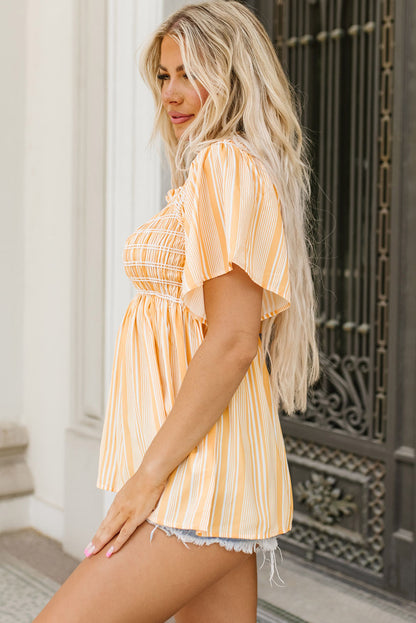 Striped Print Smocked Flowy Blouse | Yellow