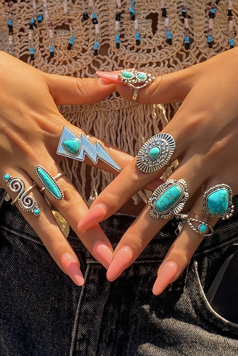 8Pcs Turquoise Inlay Western Ring Set | Silvery