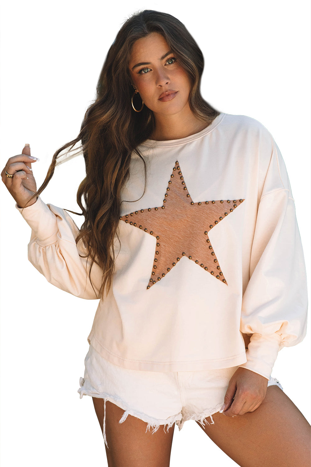 Studded Star Graphic Oversized Long Sleeve Top | Apricot