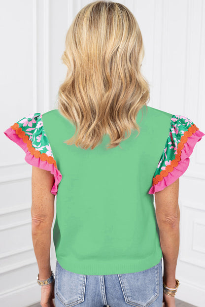 Contrast Ricrac Floral Sleeve Top | Light Green