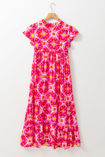 Geo Print V-Neck Maxi Dress | Strawberry Pink