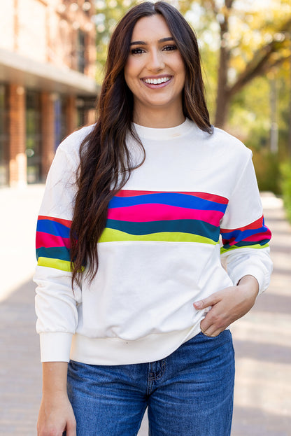 Colourful Striped Accent Long Sleeve T Shirt | White