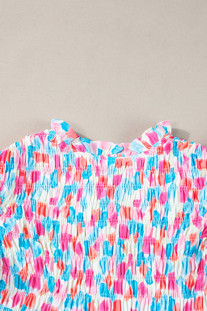 Shirred Yoke Ruffled Abstract Printed Blouse | Sky Blue