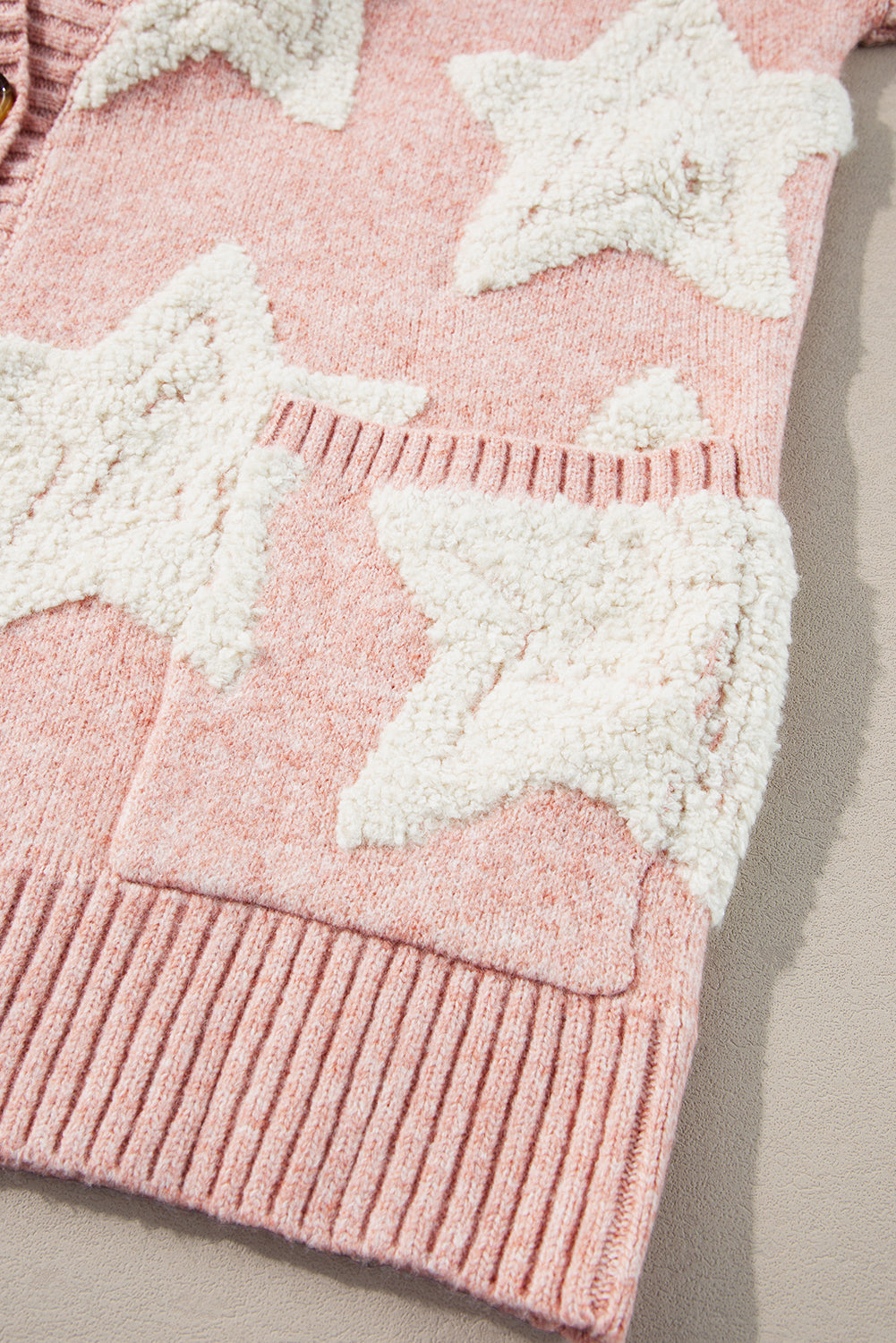 Sherpa Star Pattern Textured Sweater Cardigan With Pockets | Pink