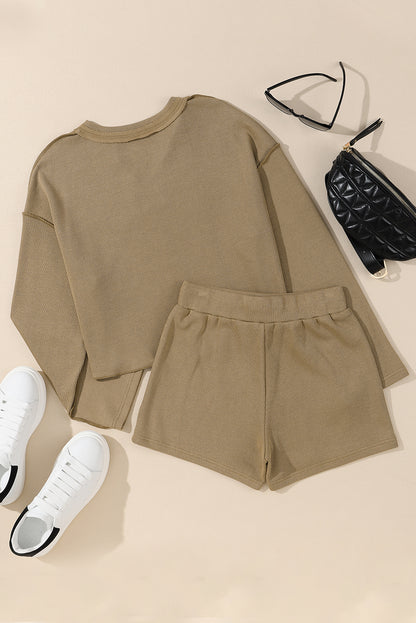 Khaki Exposed Seam Textured Long Sleeve Top Shorts Set | Apricot khaki