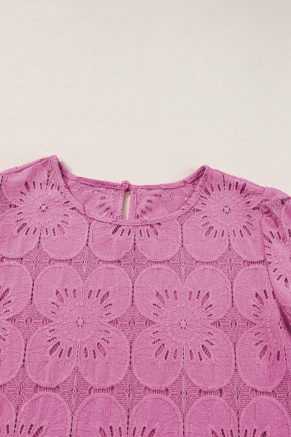 Flower Eyelet Jacquard Keyhole Flounce Sleeve Top | Bright Pink