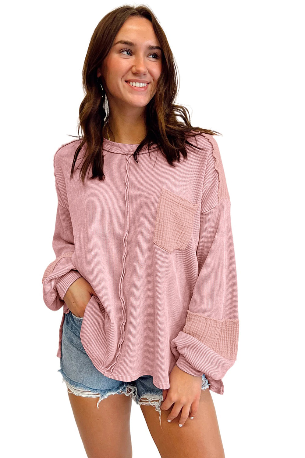 Exposed Seam Patchwork Bubble Sleeve Waffle Knit Top | Pink