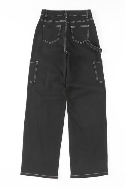 High Waist Straight Leg Cargo Pants With Pockets | Black