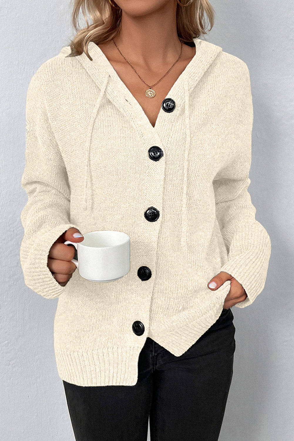 Drawstring Hooded Button Up Drop Shoulder Sweater Cardigan | White