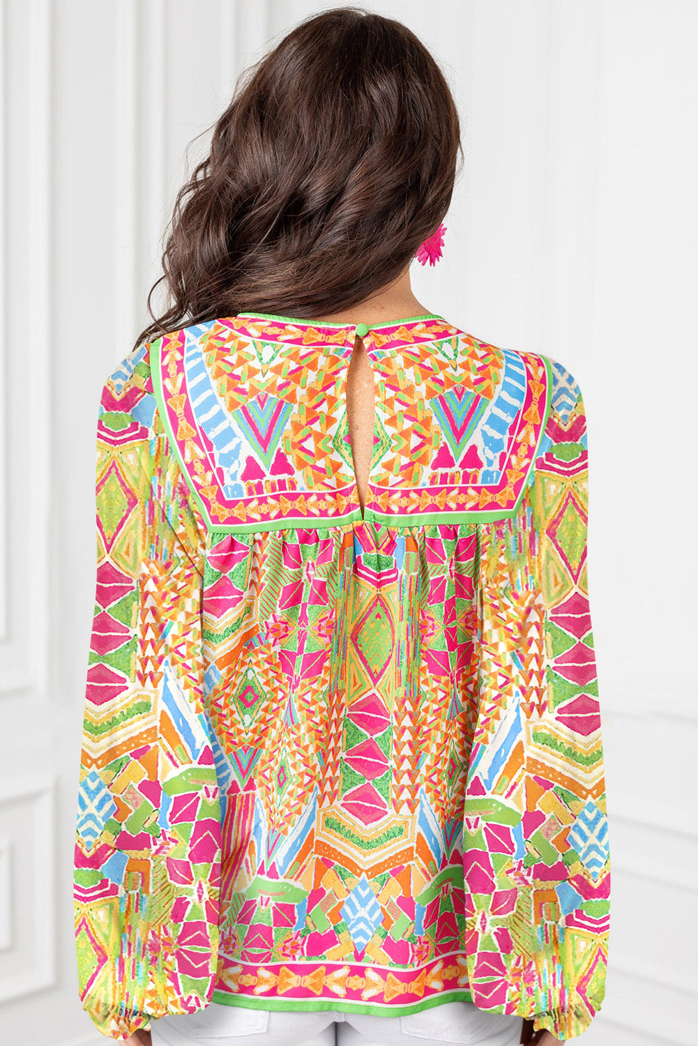 Geometric Print Long Sleeve Keyhole Back Blouse | Orange