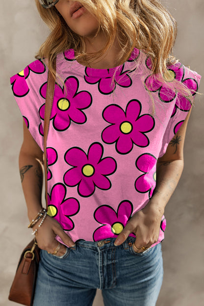 Flower Print Round Neck Cap Sleeve T Shirt | Pink