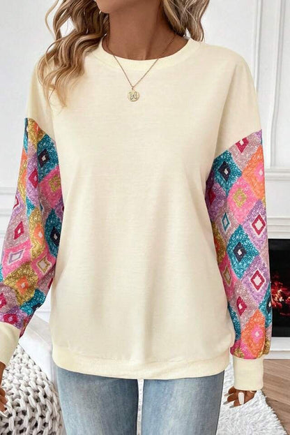 Geometric Printed Patchwork Long Sleeve Round Neck Top | Apricot