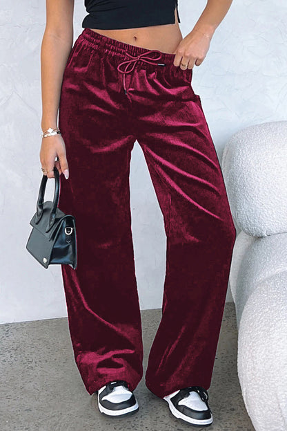 Solid Drawstring Waist Wide Leg Pants | Burgundy