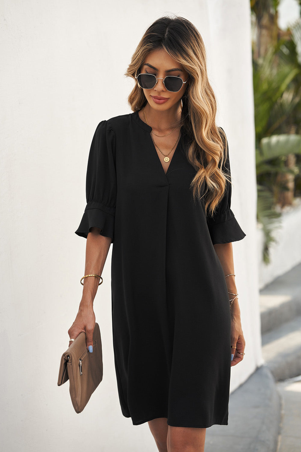 Ruffled Sleeve Shift Dress | Black