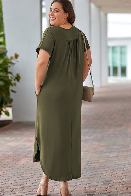 Plus Size V Neck Rolled Cuffs Maxi Dress | Green