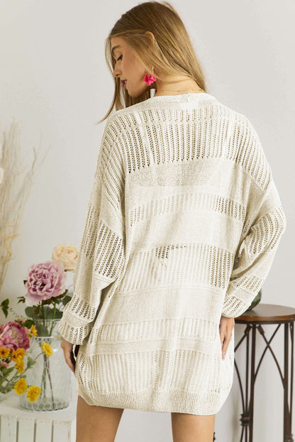 Solid Colour Lightweight Open Knit Tunic Cardigan | White