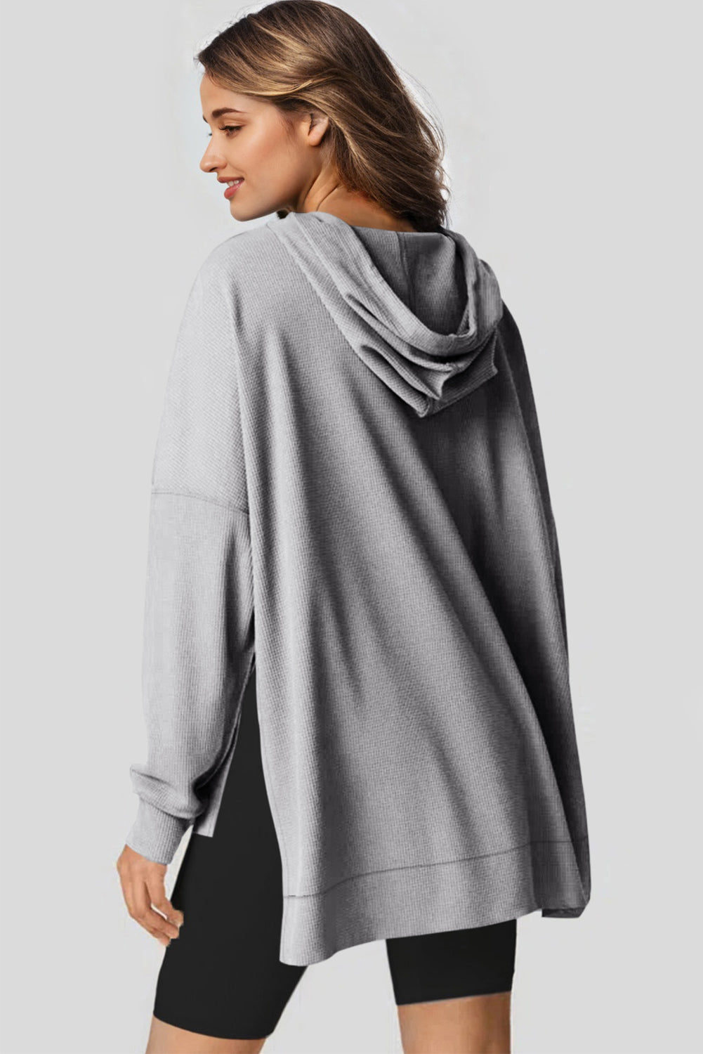 Waffle Knit Fleece Lined High Low Oversized Hoodie | Gray