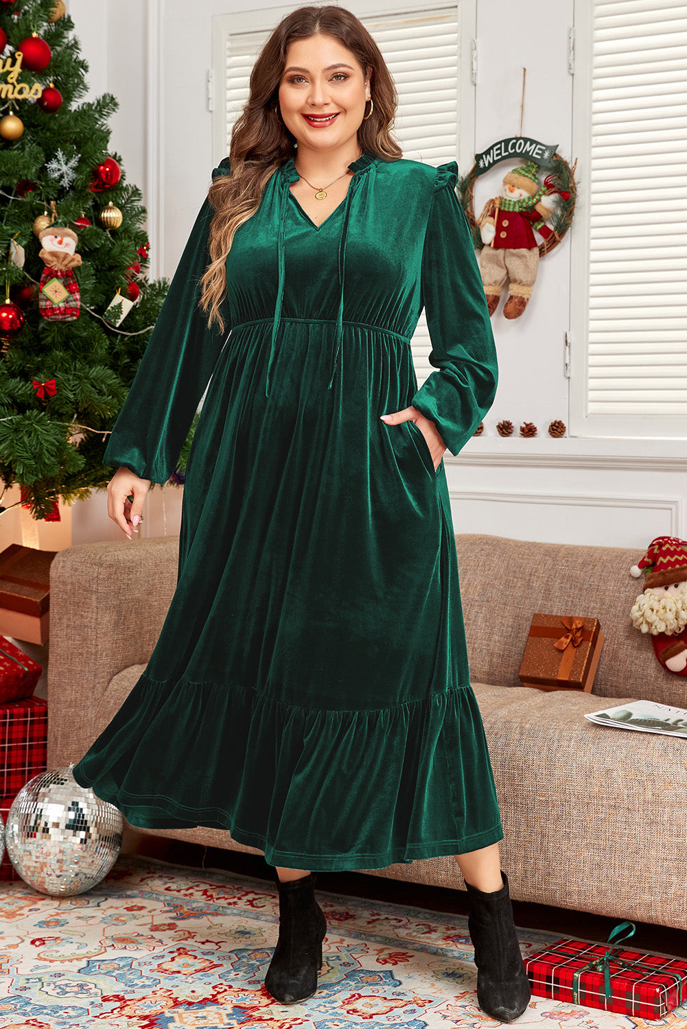 Velvet Frilled Up Neck Ruffled High Waist Plus Size Midi Dress | Blackish Green