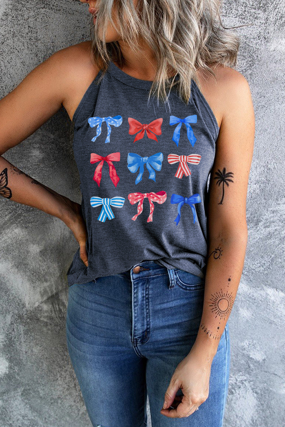 American Flag Bow Knot Print Shift Tank Top | Blue