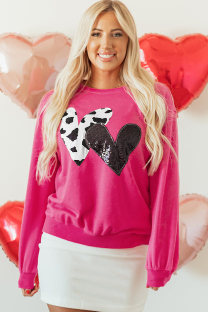 Cow & Sequin Double Heart Patch Graphic Sweatshirt | Strawberry Pink