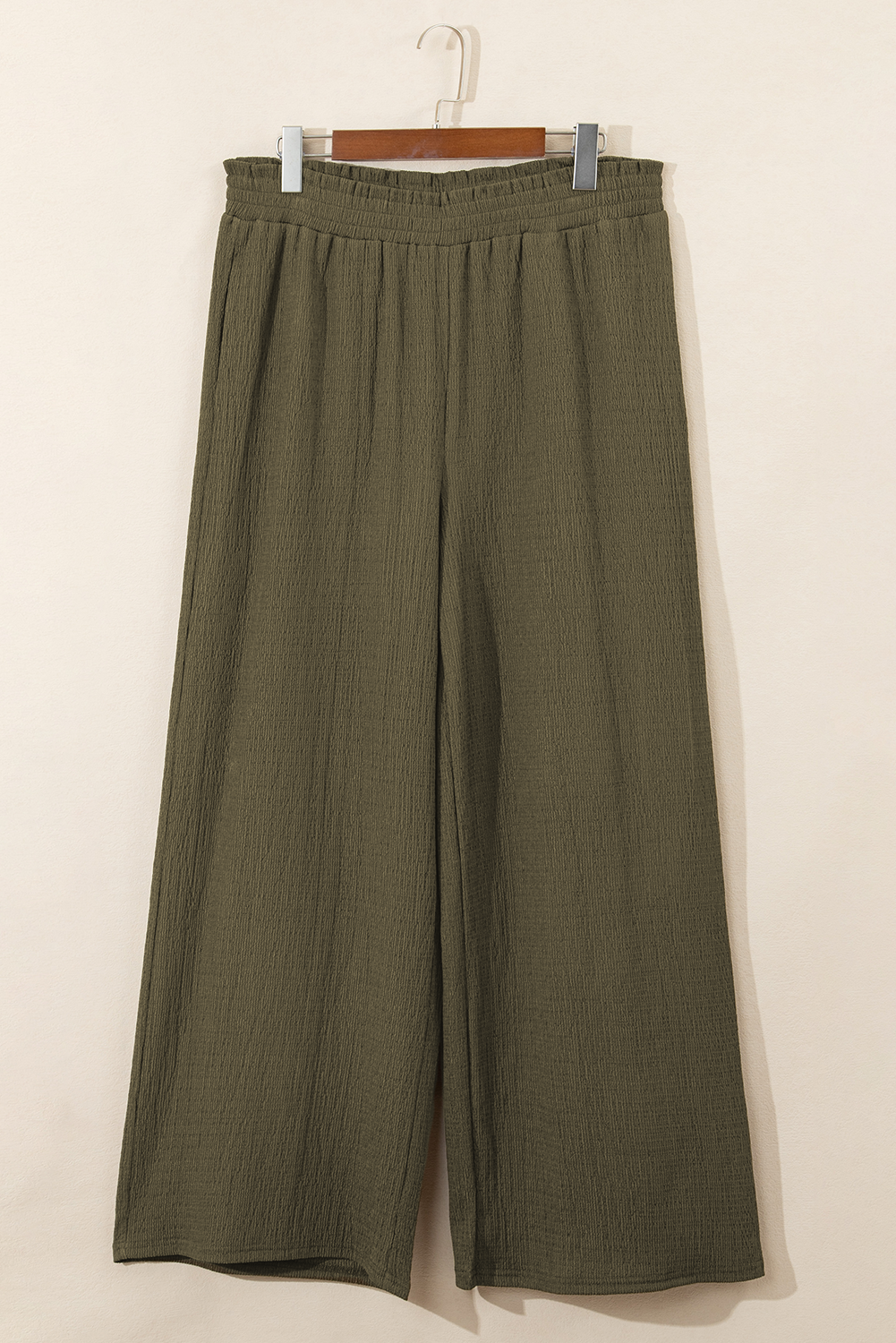 Plus Size Textured Shirred High Waist Casual Pants | Jungle Green