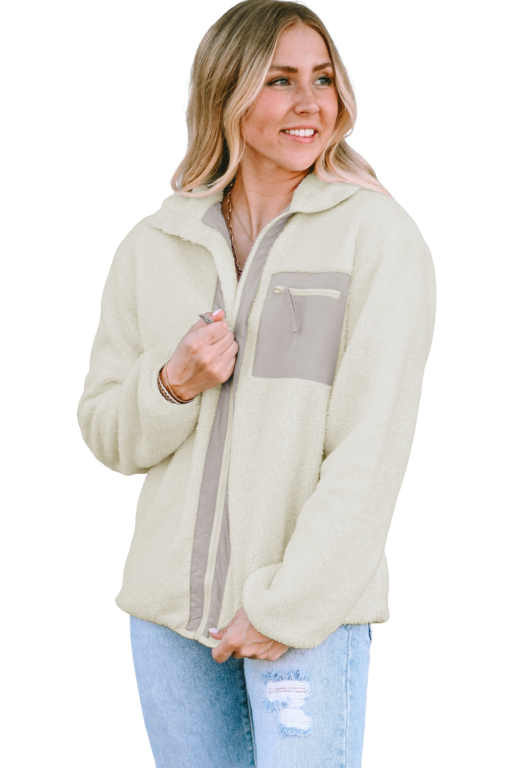 Chest Pocket Full Zipper Fuzzy Fleece Jacket | White