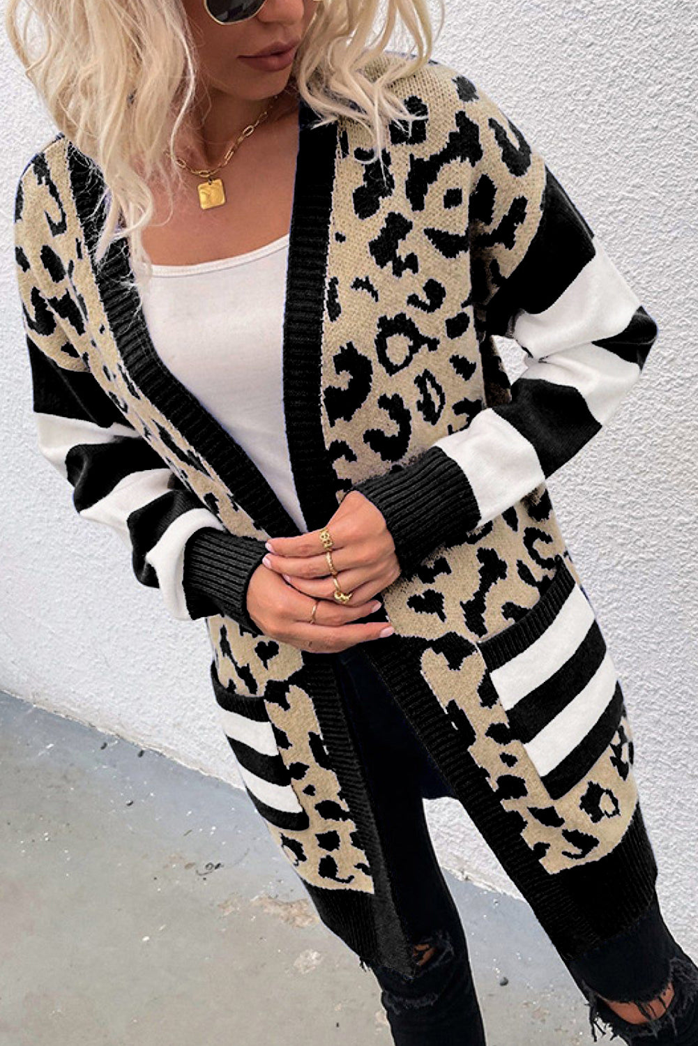 Stripe Sleeve Leopard Print Open Front Cardigan With Pockets | Black