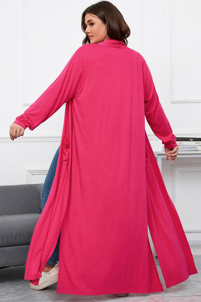 Plus Size Side Split Pockets Duster Cardigan | Strawberry Pink