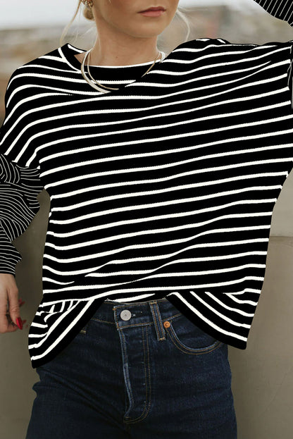 Black Stripe Patchwork Loose Long Sleeve Tee