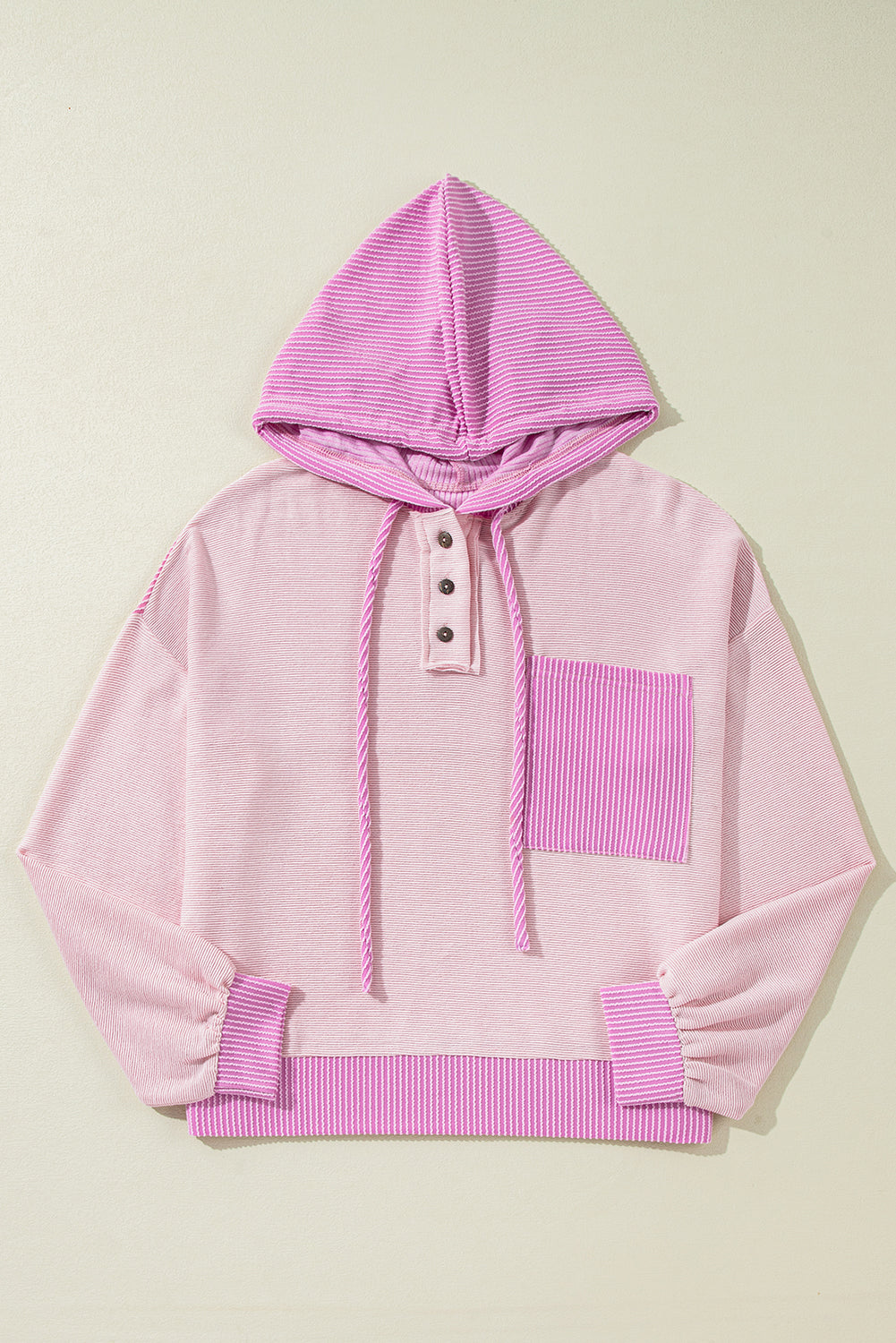 Corded Colourblock Patch Pocket Drawstring Hooded Top | Light Pink