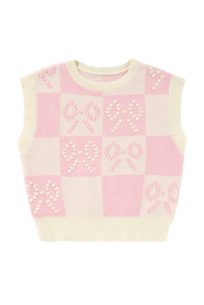 Preppy Bow Detail Checkered Sweater Vest | Pink