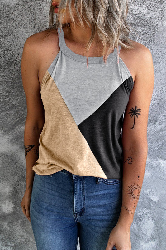 Light French Beige Geometric Color Block Sleeveless Top